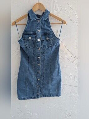 Blue Blush Denim Halter Mini Dress Sleeveless Snap Front Stretch Size Medium
